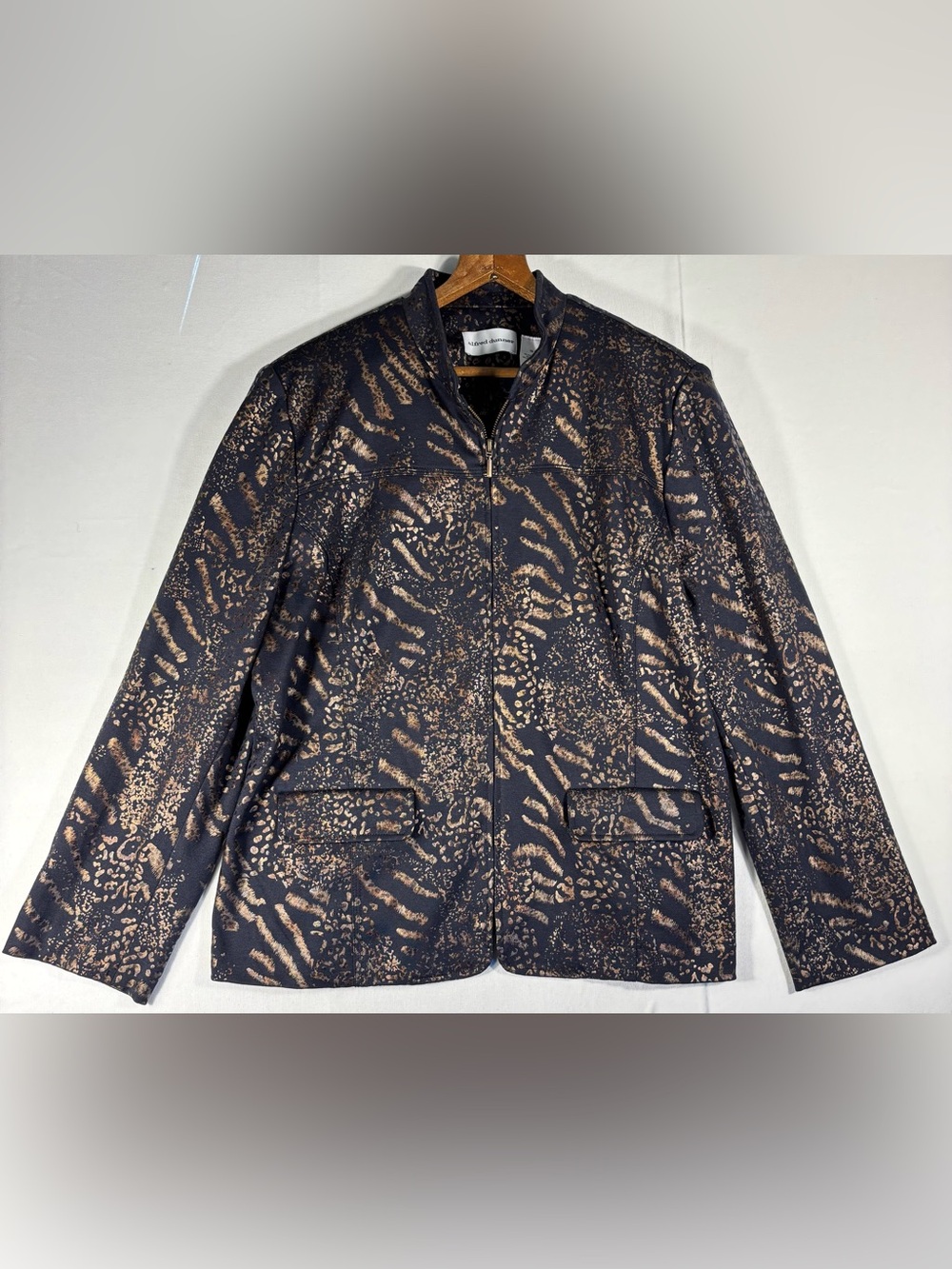 Alfred Dunner Women’s 14 Black Jacket with Bronze Metallic Animal Print Full Zip